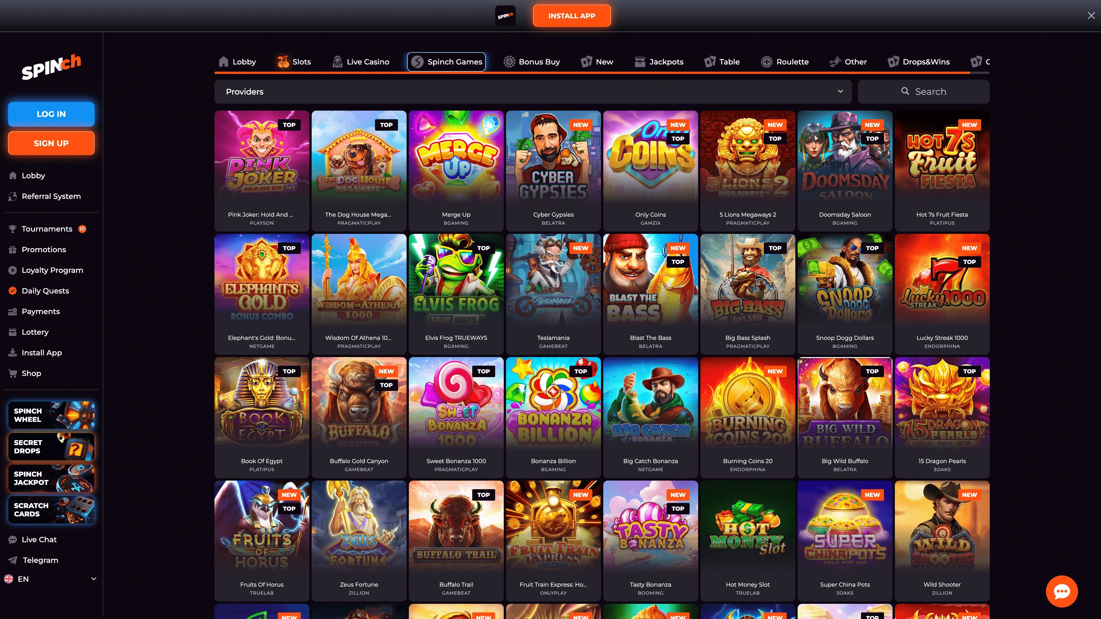 Spinch Casino Games Selection